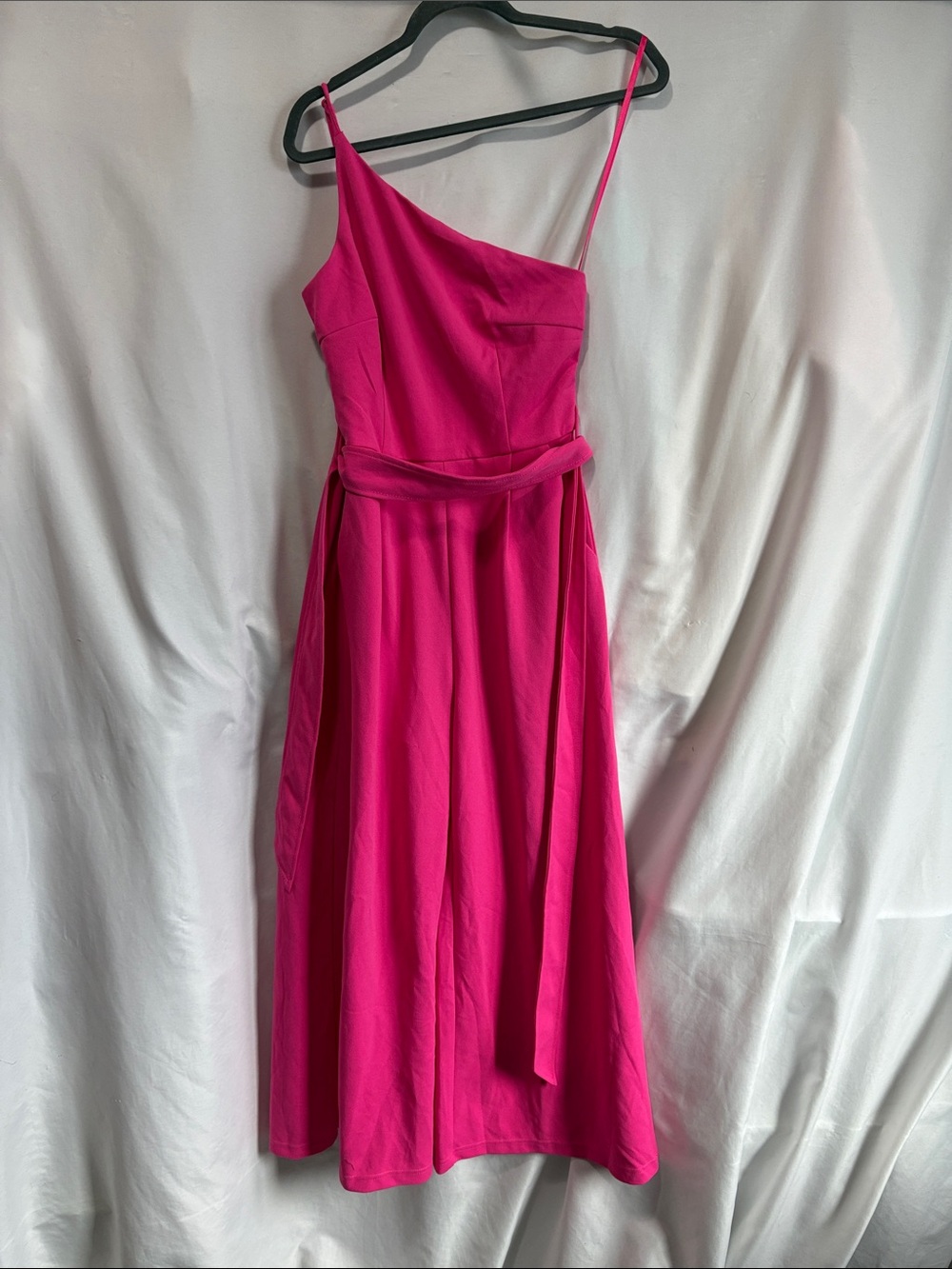 Asymmetric One-Shoulder Hot Pink Jumpsuit with Waist Tie